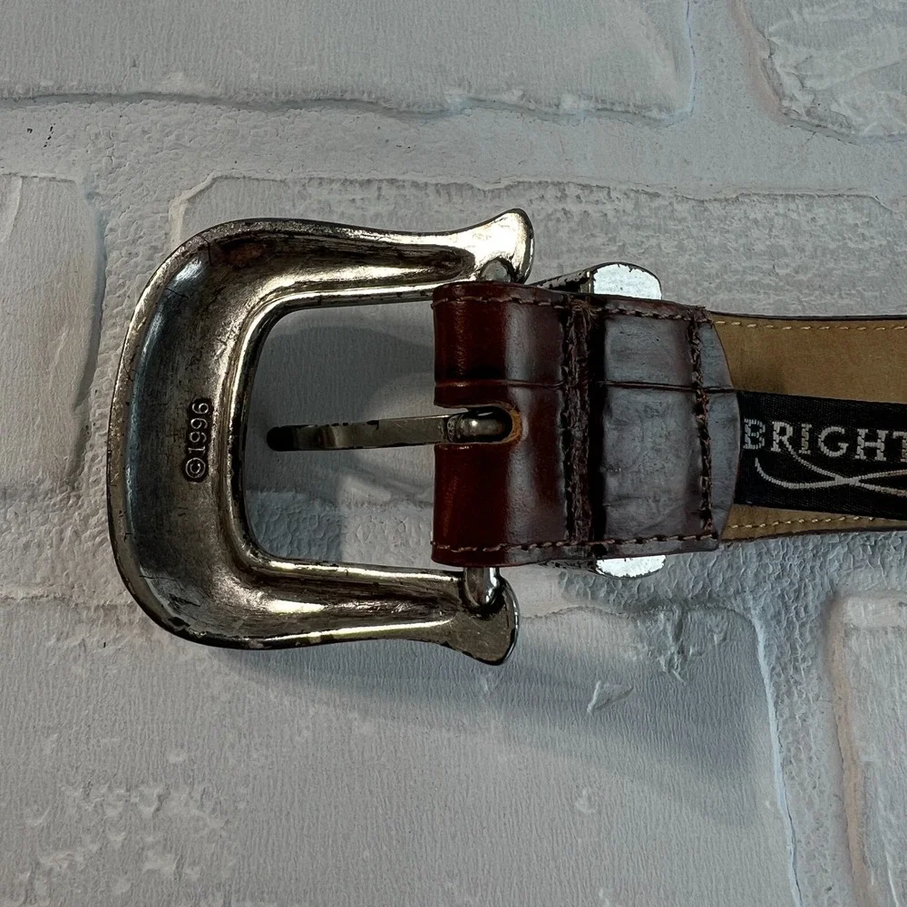 Brighton Belt Womens Medium Brown Croc Embossed Ornate Silver Buckle Pearls 1996